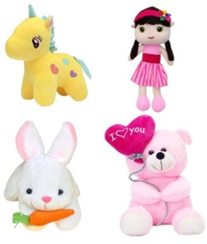 Toyhaven COMBO OF PINK-TEDDY & DOLL, WHITE-RABIT,YELLOW-UNICORN - 25 cm(Multicolor)