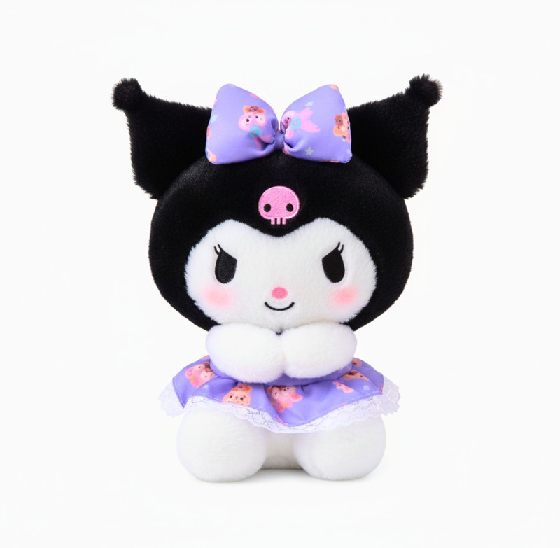 Kids Mandi Kawai Kuromi Frock Teddy With Bow LCTD – Small Size | Cute Kawaii Plush Doll - 25 cm(Mutlicolour)