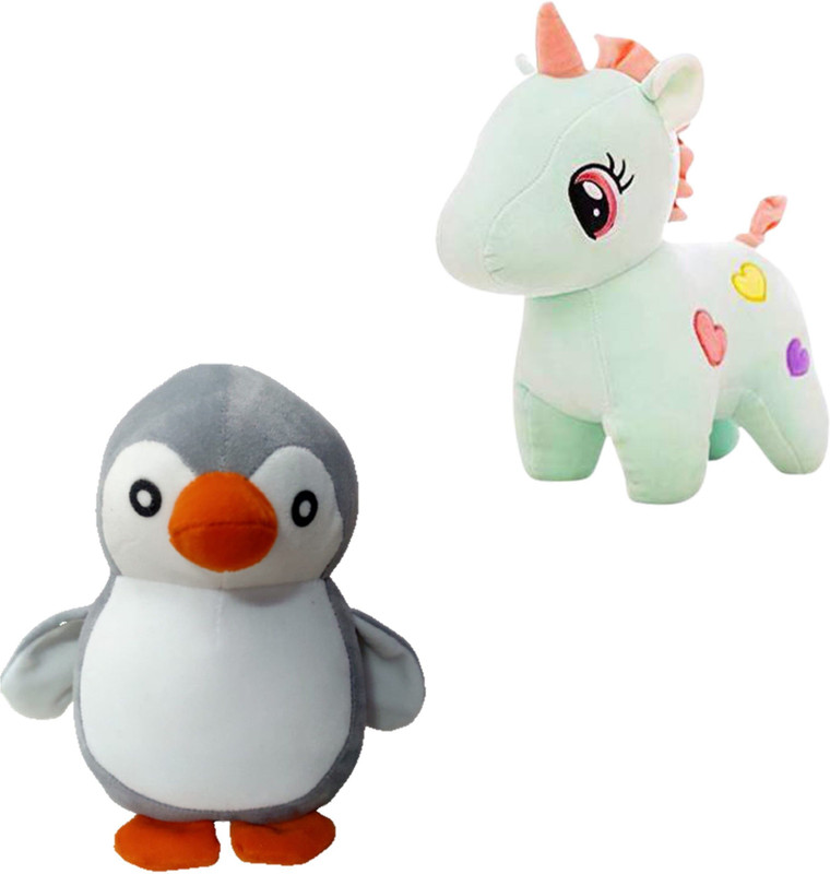 Toyhaven Adorable soft toy set of 2 unicorn & penguin, toys for kids & special occasions - 25 cm(Grey, Green)