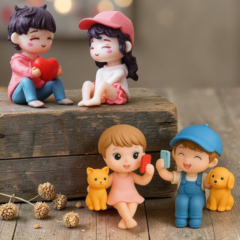 VHD Adorable Kids Figurines Set with Dog Cat & Love Heart SH19 - 5 cm(Multicolor)