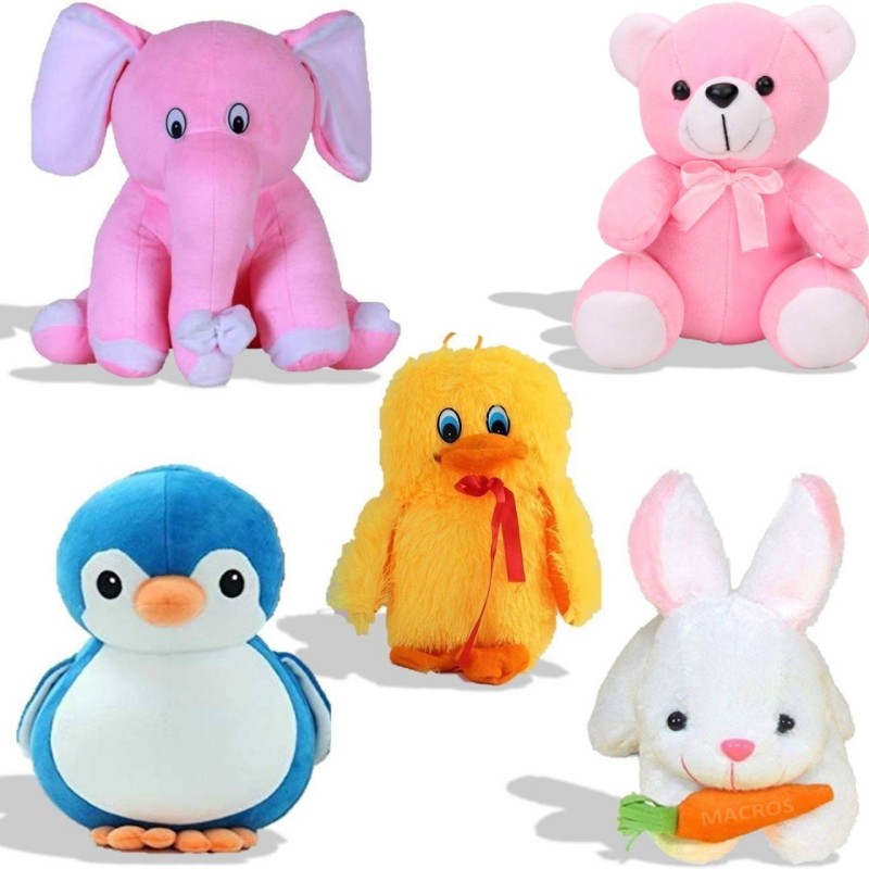 Macros 5 combo of Premium Quality Elephant, Penguin, Rabbit Teddy bear soft toy - 30 cm(Pink & Blue)