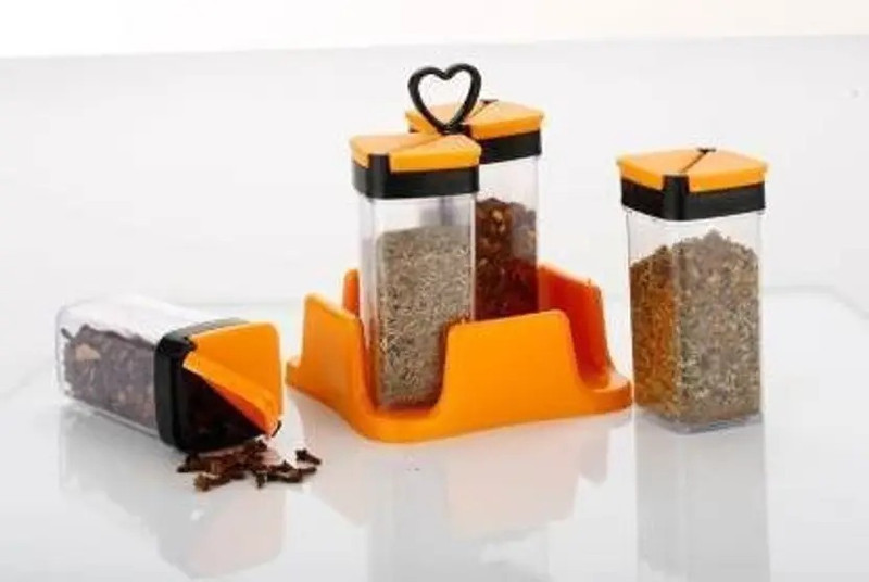 Balaji Retails 4-in-1 Revolving Masala Box | 4 Transparent 100 ml Spice Jars with Sprinkle Lids Sugar Sprinkler 100 gm