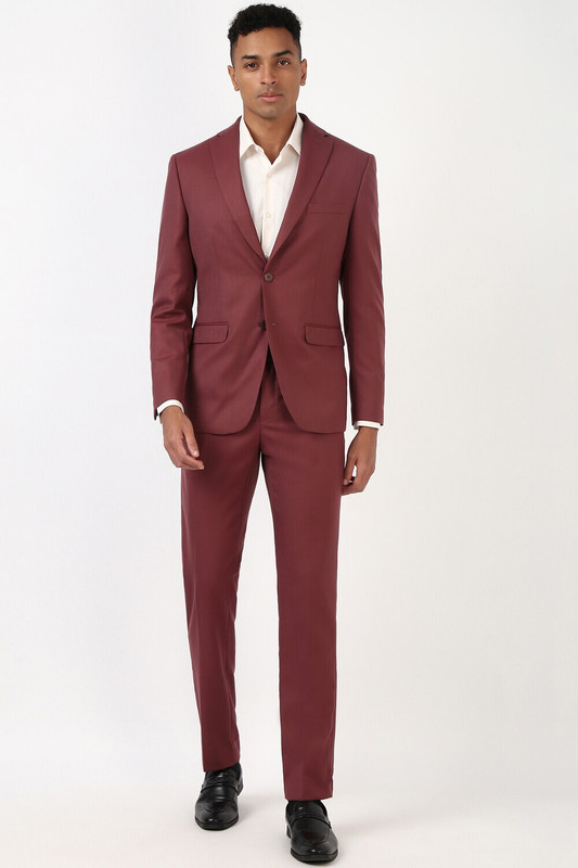 PETER ENGLAND Men Maroon Textured Slim Fit Formal Two Piece Suit Textured Men Suit