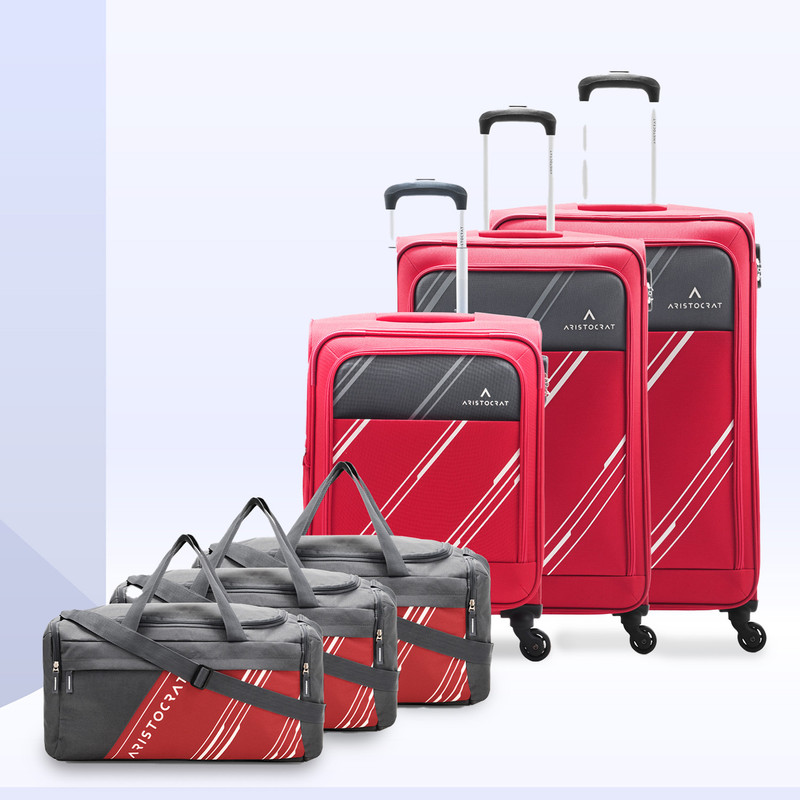 Aristocrat Trigon Hexa Luggage Set of 6 | 3 Trolley Bags (Cabin 55cm + Medium 69cm + Large 79cm) & 3 Duffle Bags 52cm for Travel