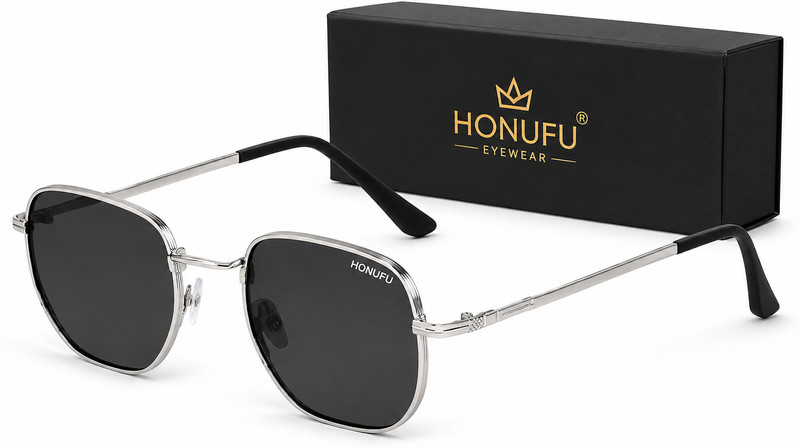 HONUFU EYEWEAR Retro Square Sunglasses(For Men & Women, Black)