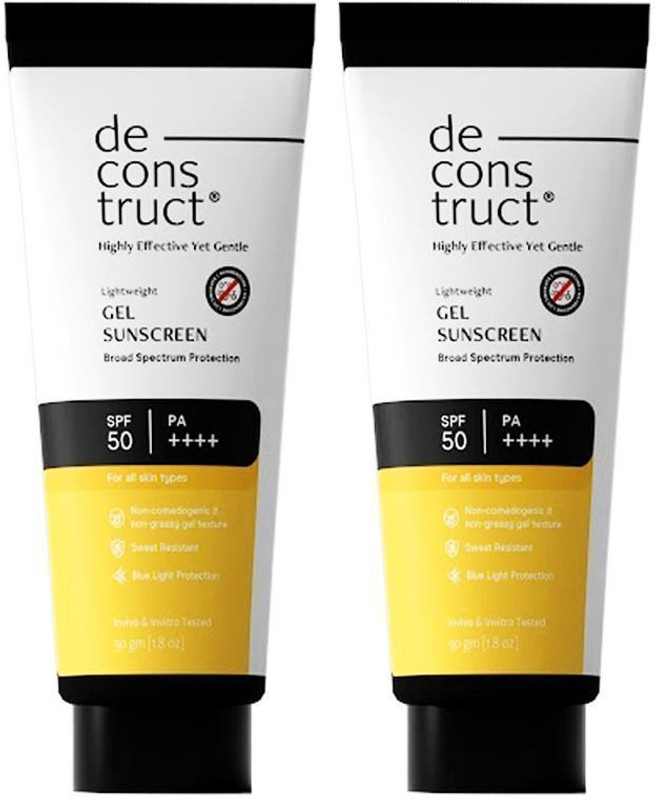 deconstruct Sunscreen - SPF 50 PA++++ Lightweight Gel Sunscreen | No White Cast | For Men & Women | Pack of 2(100 g)
