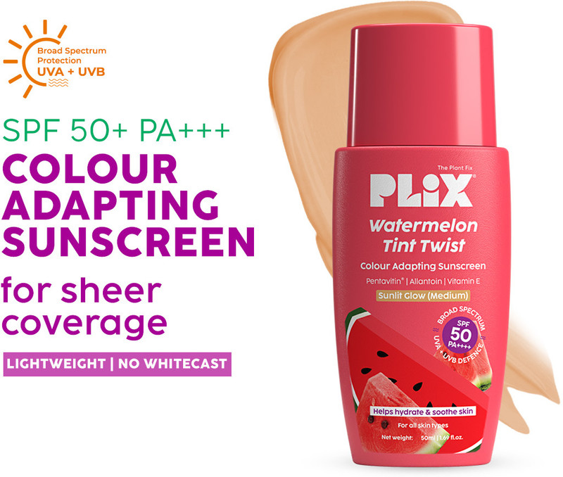 The Plant Fix Plix Sunscreen - SPF 50 PA++++ Watermelon Tint Twist Color-Adapting Sunscreen | Lightweight & Instant Glow(50 ml)