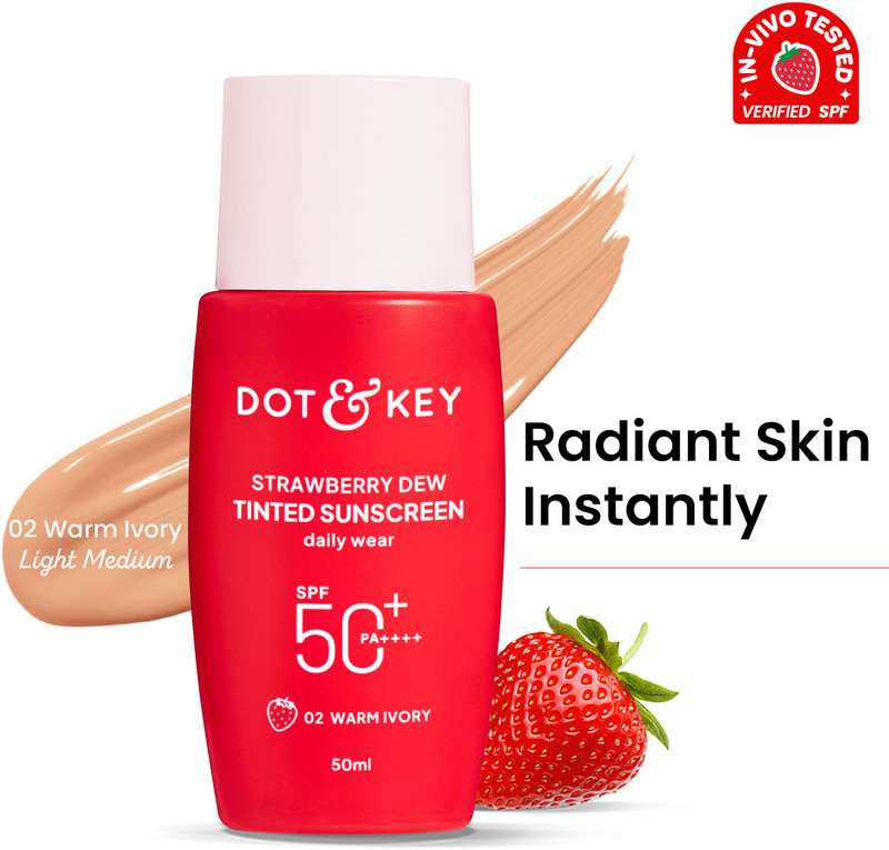 Dot & Key Sunscreen - SPF 50 PA++++ Strawberry Dew Tinted, In-Vivo Tested, Porcelain, for Daily Wear, Brightens Skin(50 ml)