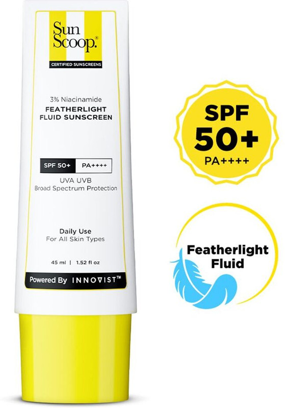SunScoop Sunscreen - SPF 50 PA++++ 3% Niacinamide Fluid Sunscreen | Super Light | Prevents Tanning(45 g)