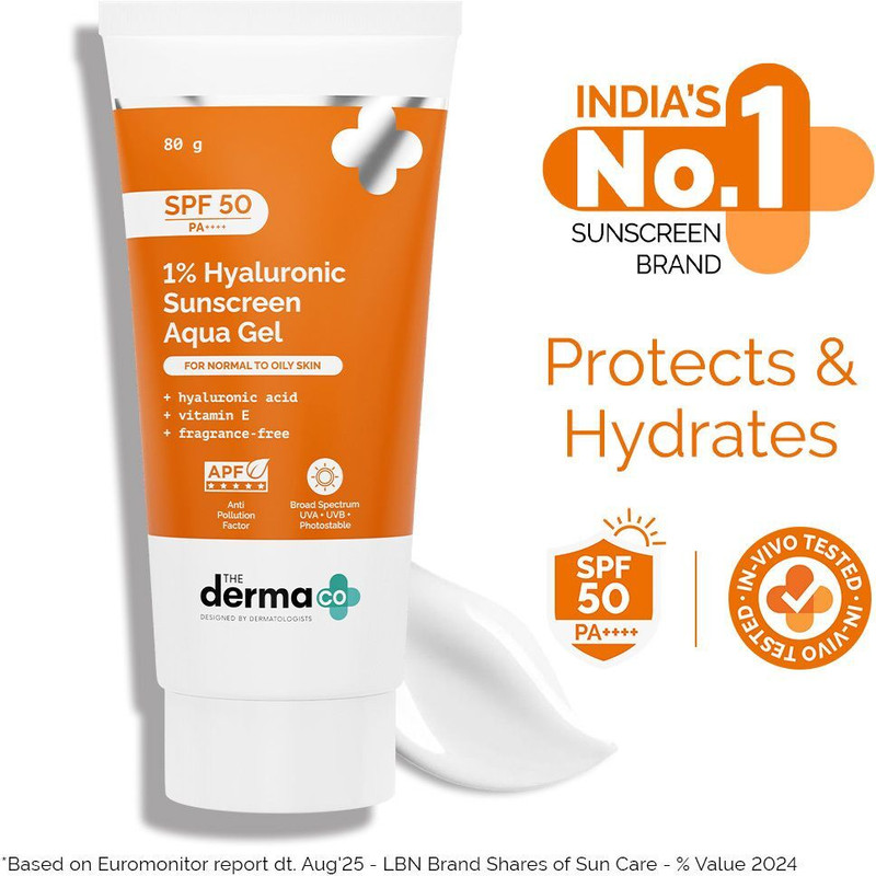 The Derma Co Sunscreen - SPF 50 PA++++ 1% Hyaluronic Sunscreen Aqua Gel Lightweight, No white-cast for Broad Spectrum(80 g)