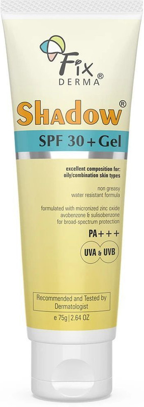 Fixderma Sunscreen - SPF 30+ PA+++ Shadow Sunscreen SPF 30+ Gel For Oily Skin, UVA-UVB Protection, Water Resistant(75 g)