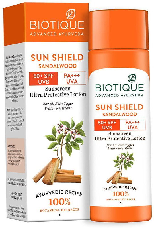 BIOTIQUE Sunscreen - SPF 50 PA+++ Sun Shield Sandalwood Lotion UVB/UVA |Ultra Protective Sunscreen|For men & Women(120 ml)