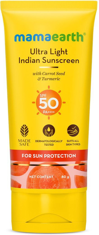 Mamaearth Sunscreen - SPF 50 PA+++ Sunscreen Lotion For Indian Skin and Tan Protection, With Turmeric & Carrot Seed(80 g)