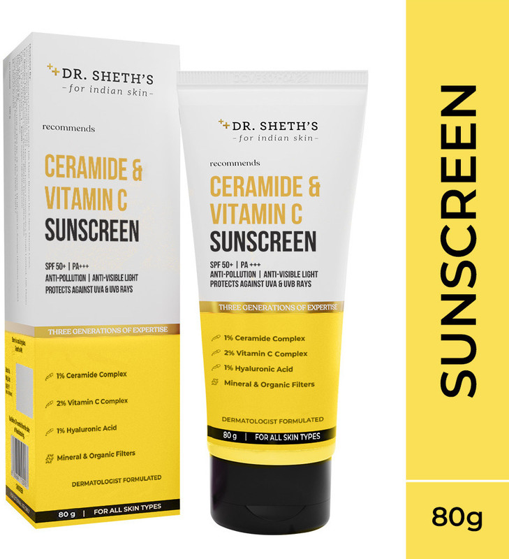 Dr. Sheth's Sunscreen - SPF 50 PA+++ Ceramide & Vitamin C| In-Vivo Tested| SPF 50+ Pa+++| All Skin Types(80 g)