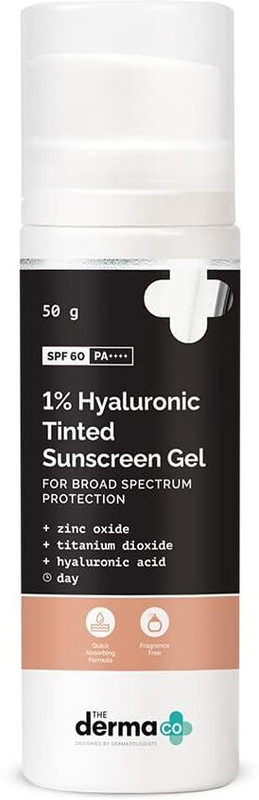 The Derma Co Sunscreen - SPF 60 PA++++ 1% Hyaluronic Tinted Sunscreen Gel for Broad Spectrum Protection(50 g)