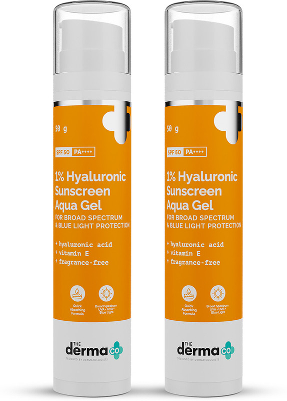 The Derma Co Sunscreen - SPF 50 PA++++ 1% Hyaluronic Sunscreen Aqua Ultra Light Gel with SPF 50 PA++++ For Broad Spectrum, UV A, UV B & Blue Light Protection(50 g)