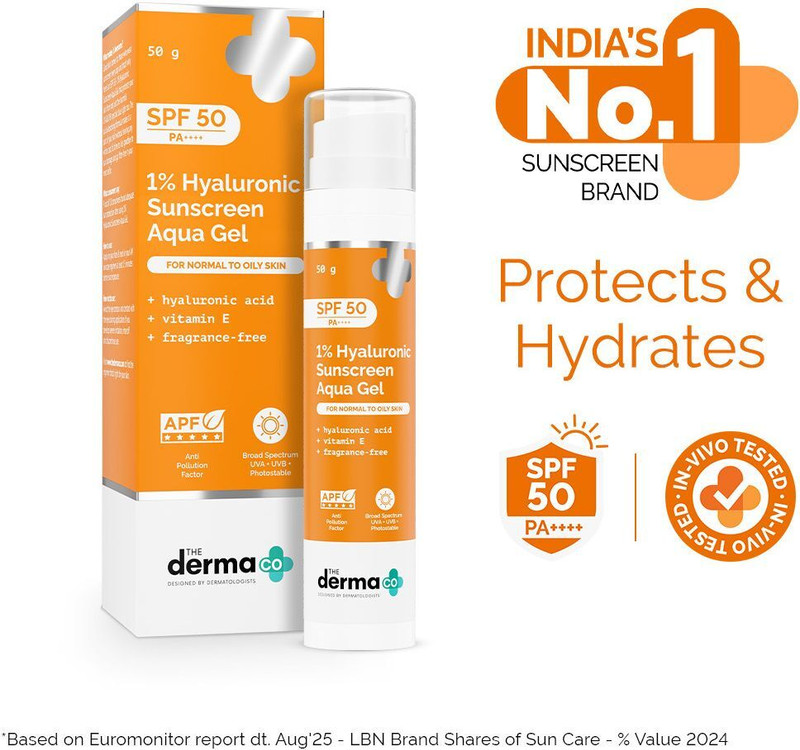 The Derma Co Sunscreen - SPF 50 PA++++ 1% Hyaluronic Sunscreen Aqua Ultra Light Gel with SPF 50 PA++++ For Broad Spectrum, UV A, UV B & Blue Light Protection(50 g)