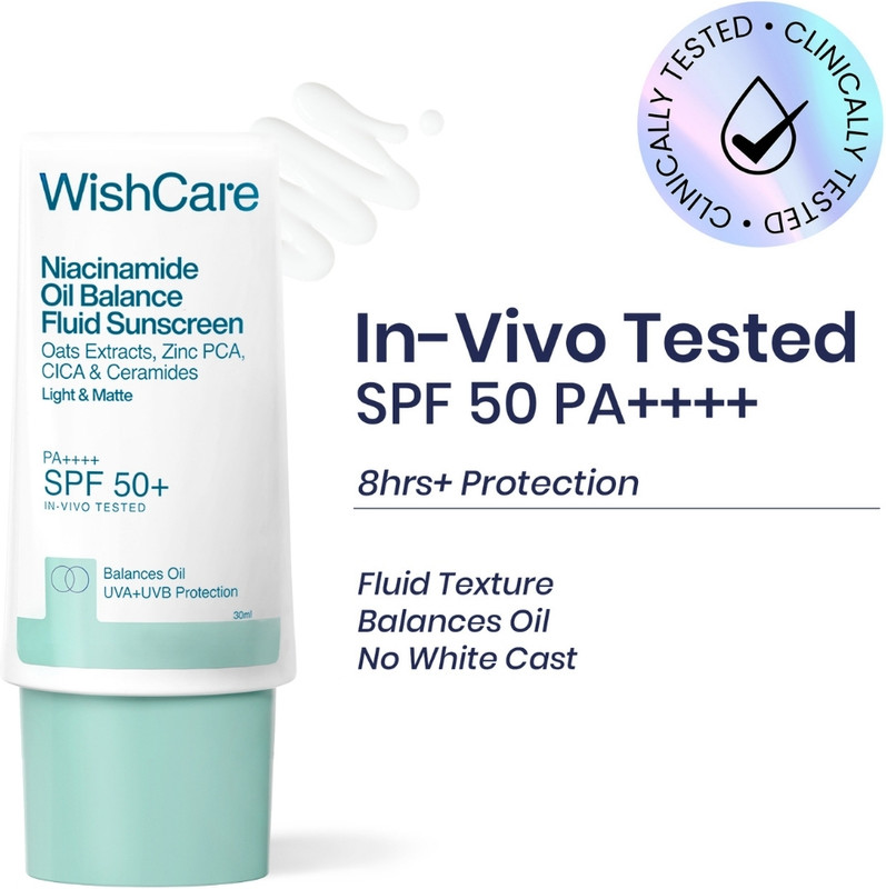 WishCare Sunscreen - SPF 50+ PA++++ Niacinamide Oil Balance Fluid Sunscreen|In Vivo Tested|For Men & Women(30 ml)