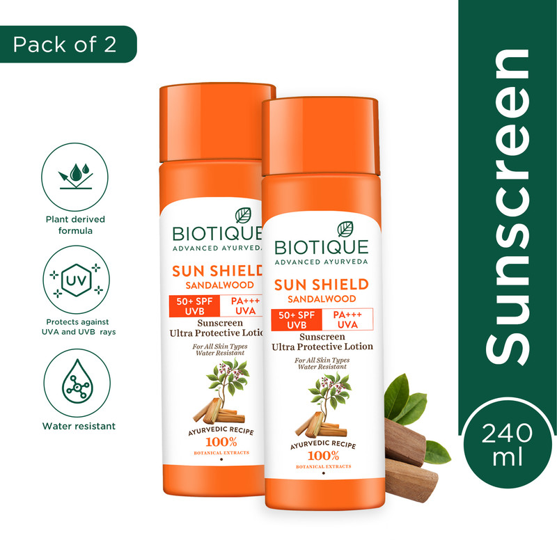 BIOTIQUE Sunscreen - SPF 50+ PA+++ Sun Shield Sandalwood Lotion UVB/UVA |Ultra Protective|For men & Women(240 g)