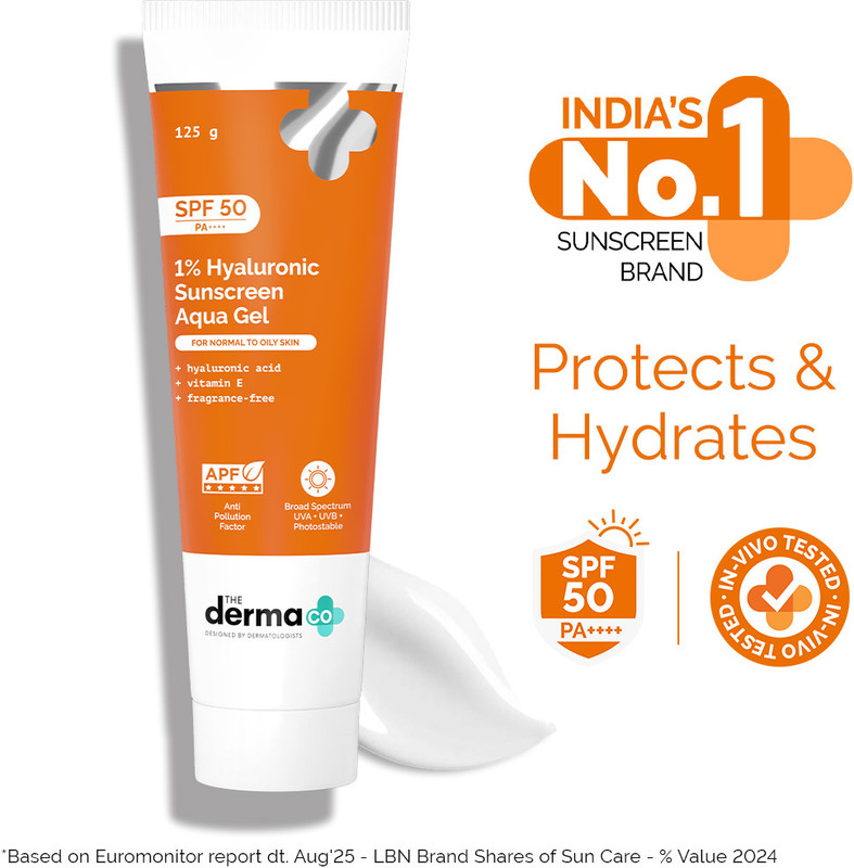 The Derma Co Sunscreen - SPF 50 PA++++ 1% Hyaluronic Aqua Gel Lightweight, No white-cast for Broad Spectrum(125 g)