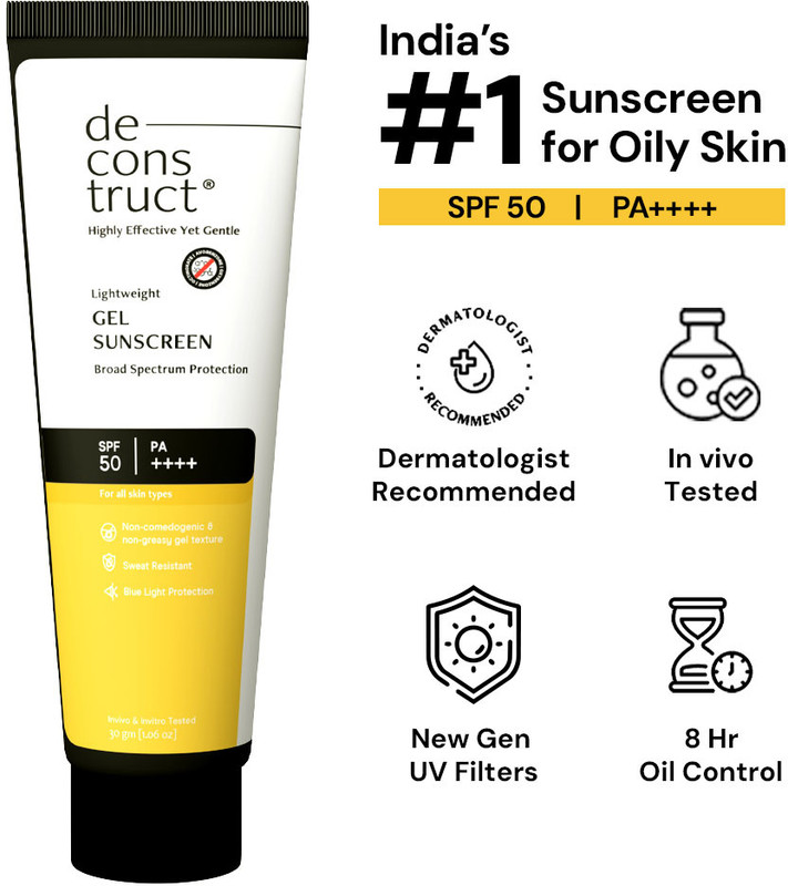 deconstruct Sunscreen - SPF 50 PA++++ Lightweight Gel Sunscreen | In-Vivo Tested | Non Greasy | For Men & Women(30 g)