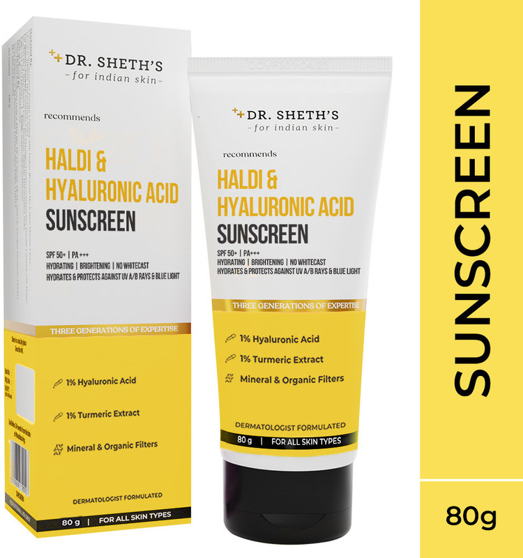 Dr. Sheth’s Sunscreen - SPF 50 PA++++ Haldi & Hyaluronic Acid Sunscreen SPF 50+ | Protects from UVA/UVB & Blue Light(80 g)