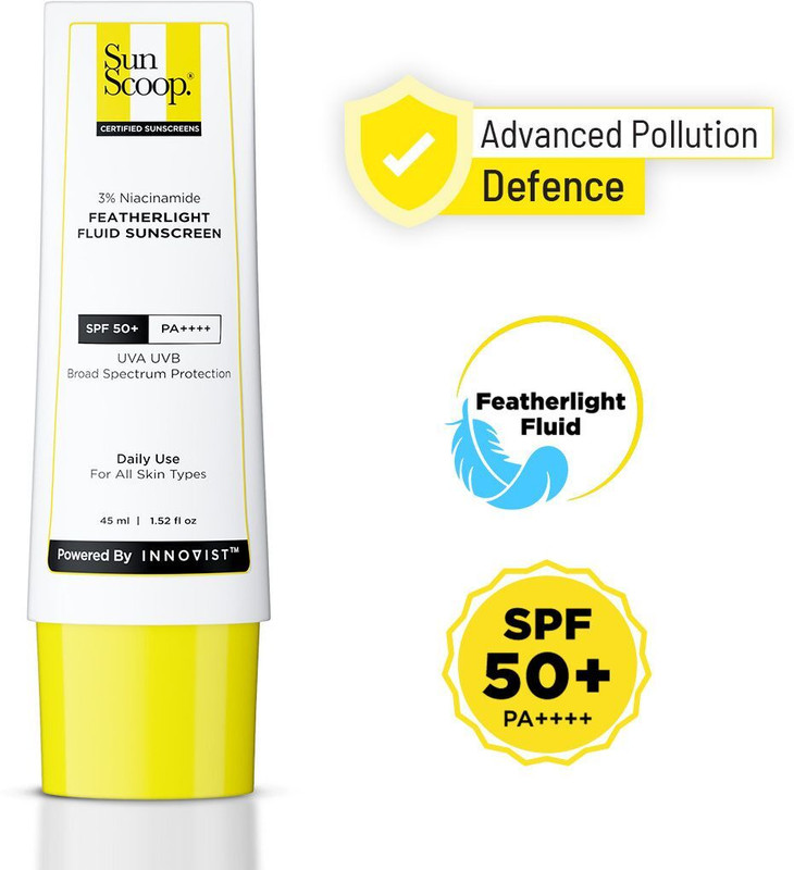 SunScoop Sunscreen - SPF 50 PA++++ 3% Niacinamide Fluid Sunscreen SPF 50+ PA++++ Lightweight In-Vivo Tested(45 g)