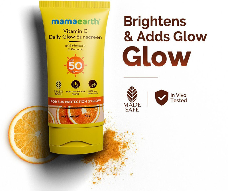 Mamaearth Sunscreen - SPF 50 PA++++ Daily Glow with Vitamin C & Turmeric for Sun Protection(50 g)