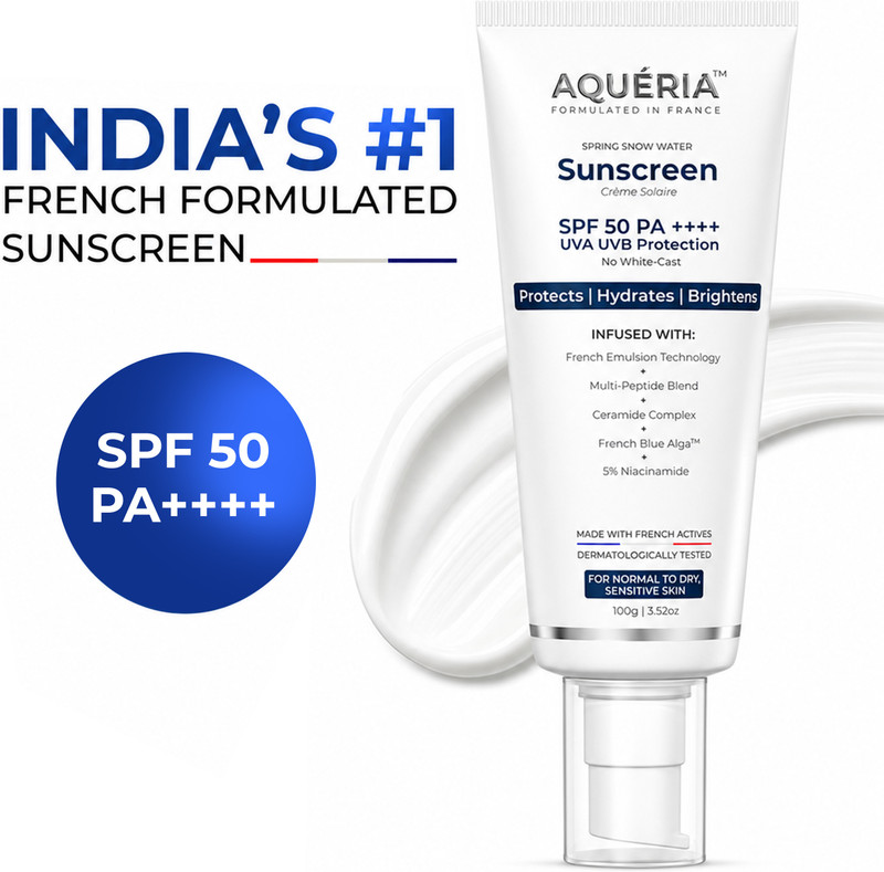 Aqueria Sunscreen - SPF 50 PA++++ Brightening & Hydrating French Multi-Active SPF | Niacinamide, Tranexamic Acid(100 g)