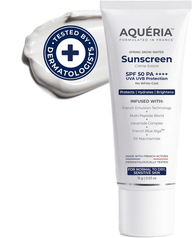 aqueria Sunscreen - SPF 50 PA++++ Brightening & Moisturizing Multi-Active French Sunscreen | In-Vitro Tested(15 g)