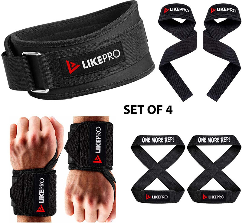 LIKEPRO Kit Set of 4 – Weightlifting Belt, Wrist Wraps, Lifting Straps & Figure 8 Straps Weight Lifting Belt(Black)