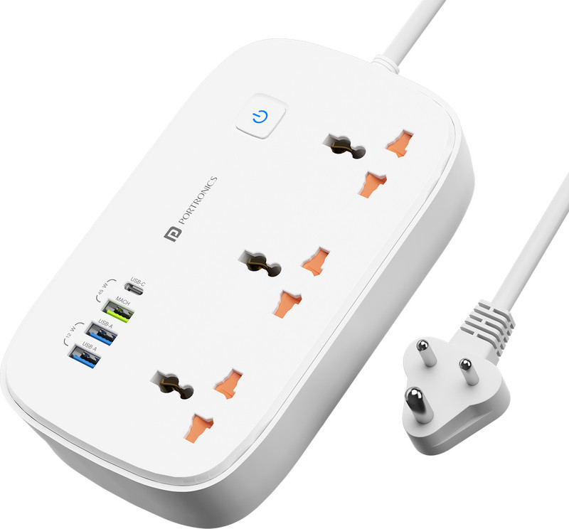 Portronics Power Plate 16 with 45W Type-C, 3 USB Ports, 1440W, 3m...