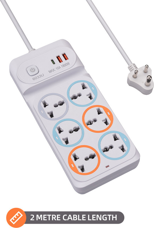 XBEY 6 Power Socket, 2 USB Ports & 1 C Type Port with Surge Protection 6 Socket Extension Boards(White, 2 m, With USB Port)