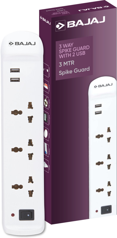 BAJAJ 3-WAY SPIKE GUARD 3 SOCKET & 2 USB 3  Socket Extension Boards(White, 3 m, With USB Port)