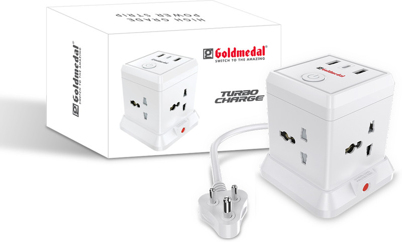 Goldmedal Turbocharge 4+3 Power Strip 4 Socket Extension Boards(White, 2 m, With USB Port)