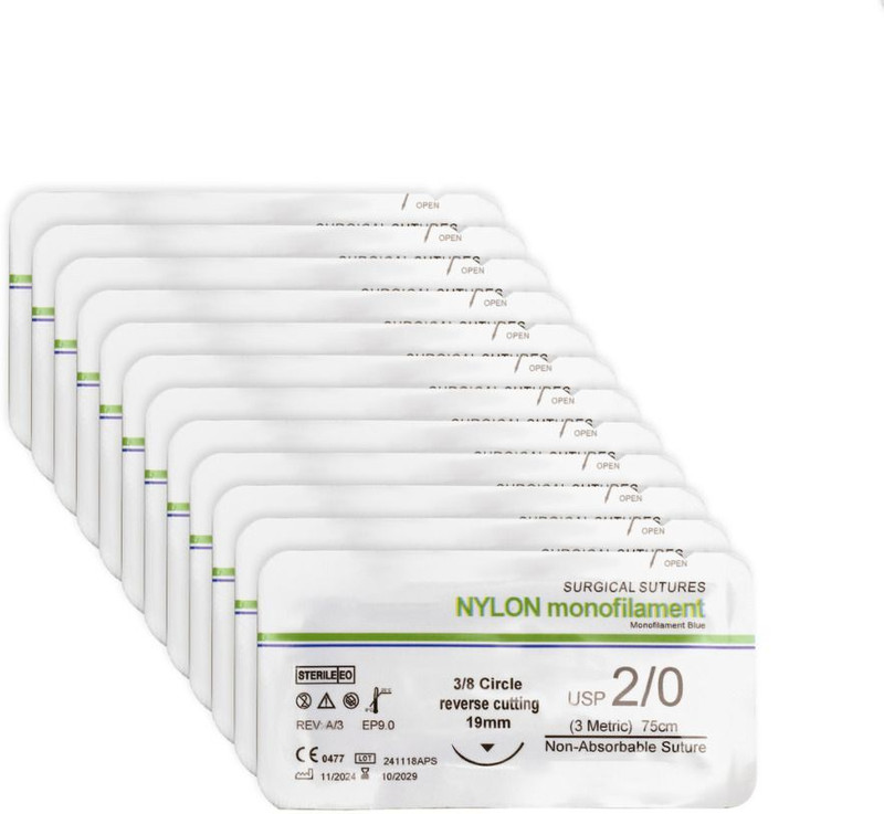 B-Arm Nylon Suture Thread(Pack of 12)non-absorbable USP2-0 with 19mm suture needle NOT Suturing Forceps
