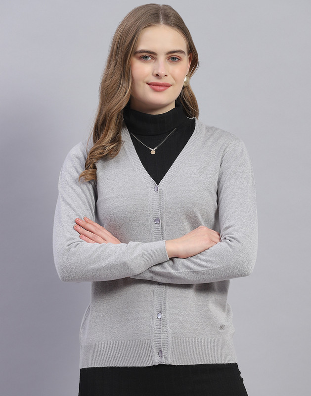 MONTE CARLO Solid V Neck Casual Women Grey Sweater