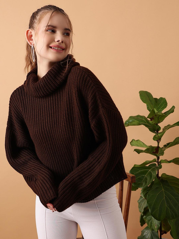 Street9 Solid Round Neck Casual Women Brown Sweater