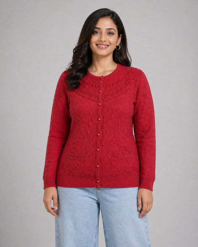 Hautemoda Self Design Round Neck Casual Women Red Sweater