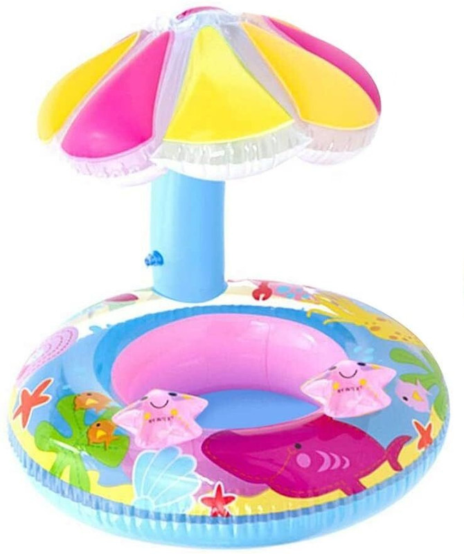 Helu International Kids Inflatable Swimming Ring with Umbrella Shade | Baby Float Tube with Sun Protection Canopy | Pool & Beach Swim Ring for Toddlers (Multicolor) Swim Floatation Belt