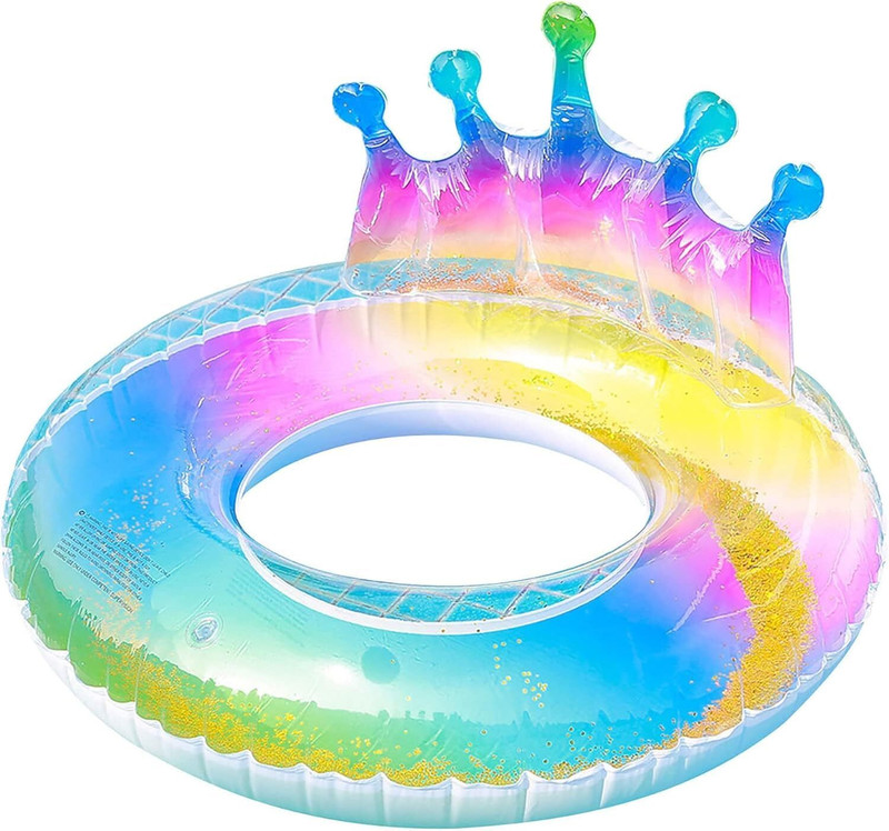 Spocco Crown Inflatable Swim Ring Transparent Glitter Rainbow Swim Pool Float Rubber Swimming Tube 03 Swim Floatation Belt