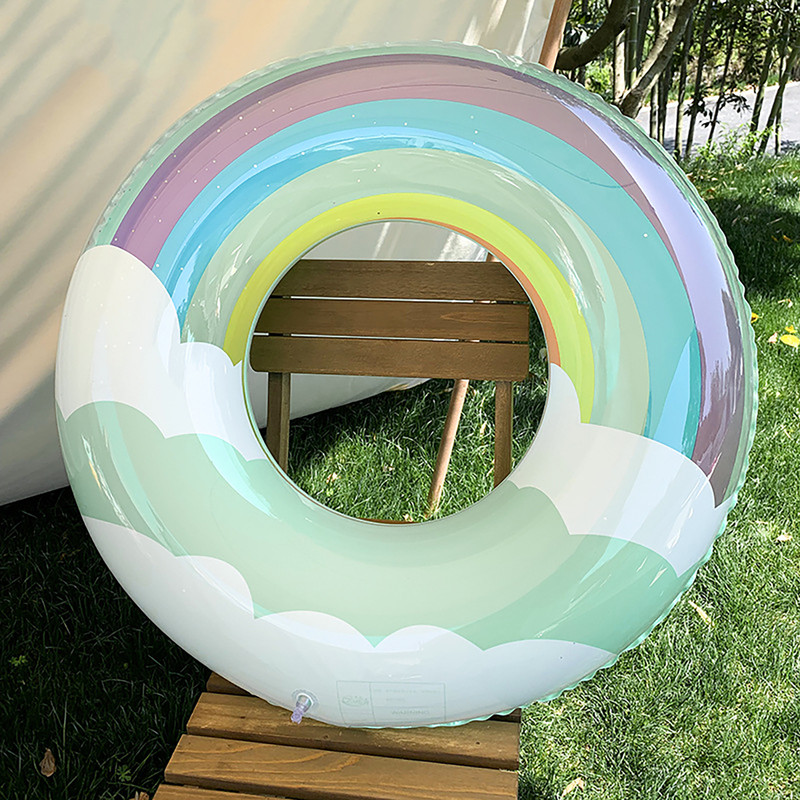SYGA Colorful Rainbow Inflatable Swim Ring with Cloud Design - Fun Pool Float Suitable for kids Ages 5-9 Years Swim Floatation Belt