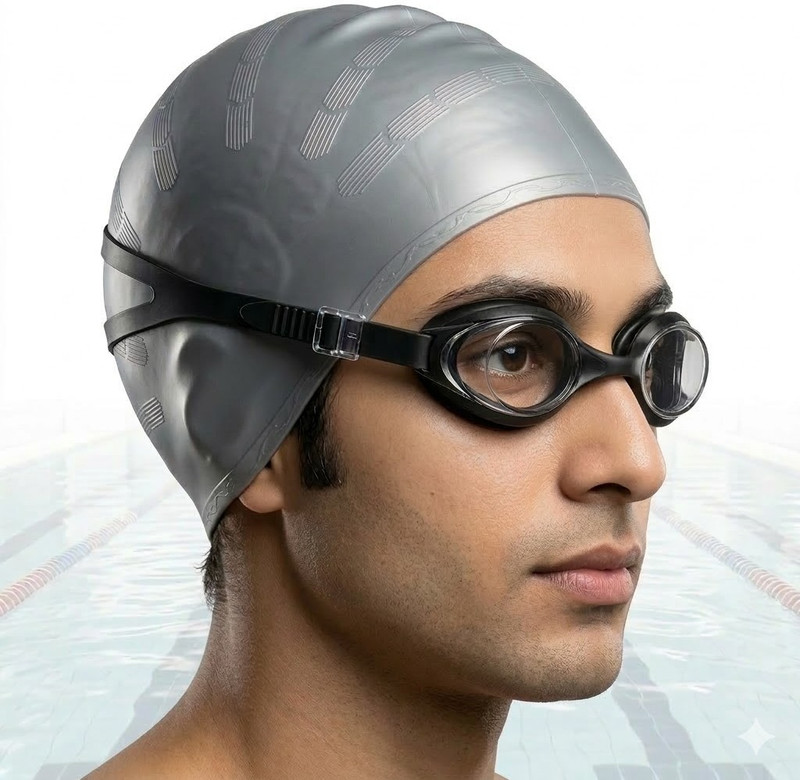JERN Silicone Swim Cap & Anti-Fog Goggles Set, Leak-Proof Wide Vision Swimming Cap(Grey, Pack of 1)