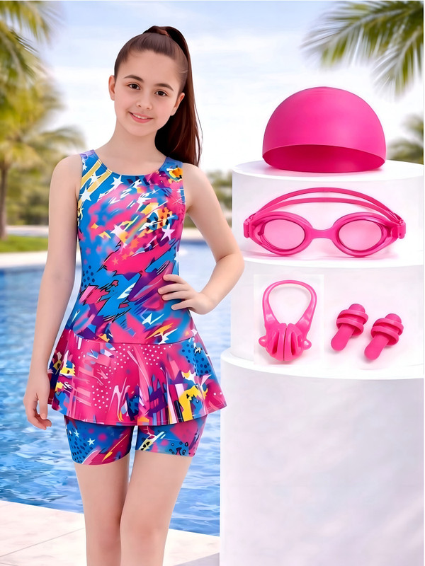 Aster Girls Swimming Dress Combo Kids Swimming Costume Cap Goggles Plugs Printed Girls Swimsuit