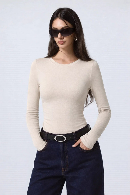 KOTTY Solid Women Round Neck Beige T-Shirt