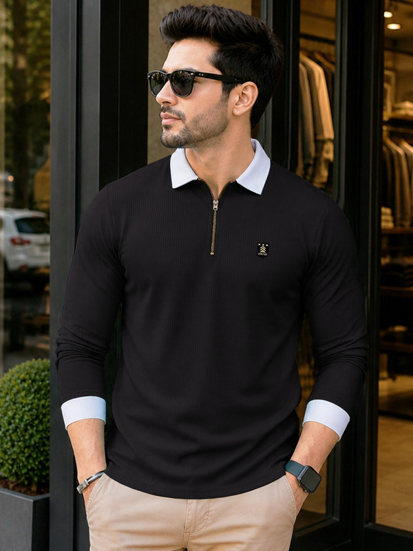 VeBNoR Self Design Men Polo Neck Black T-Shirt