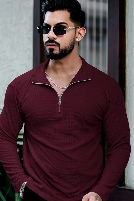 NOOK Solid Men Polo Neck Maroon T-Shirt