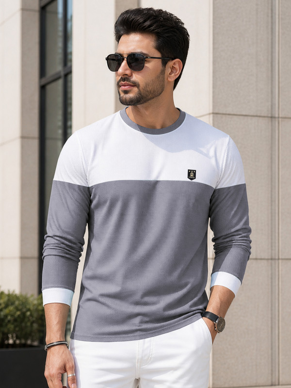 VeBNoR Colorblock Men Round Neck Grey T-Shirt