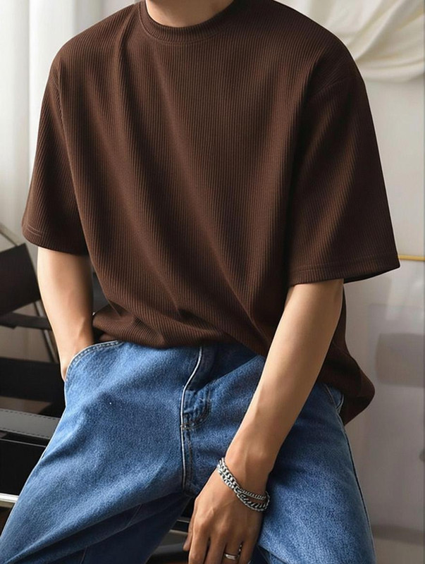 RUNNING MACHINE Striped Men Round Neck Brown T-Shirt