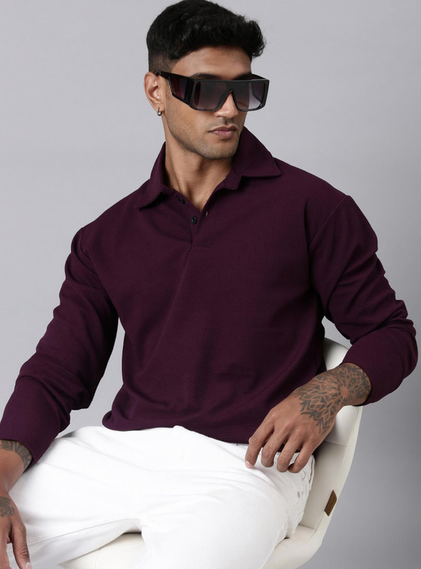 LEWEL Solid Men Polo Neck Maroon T-Shirt